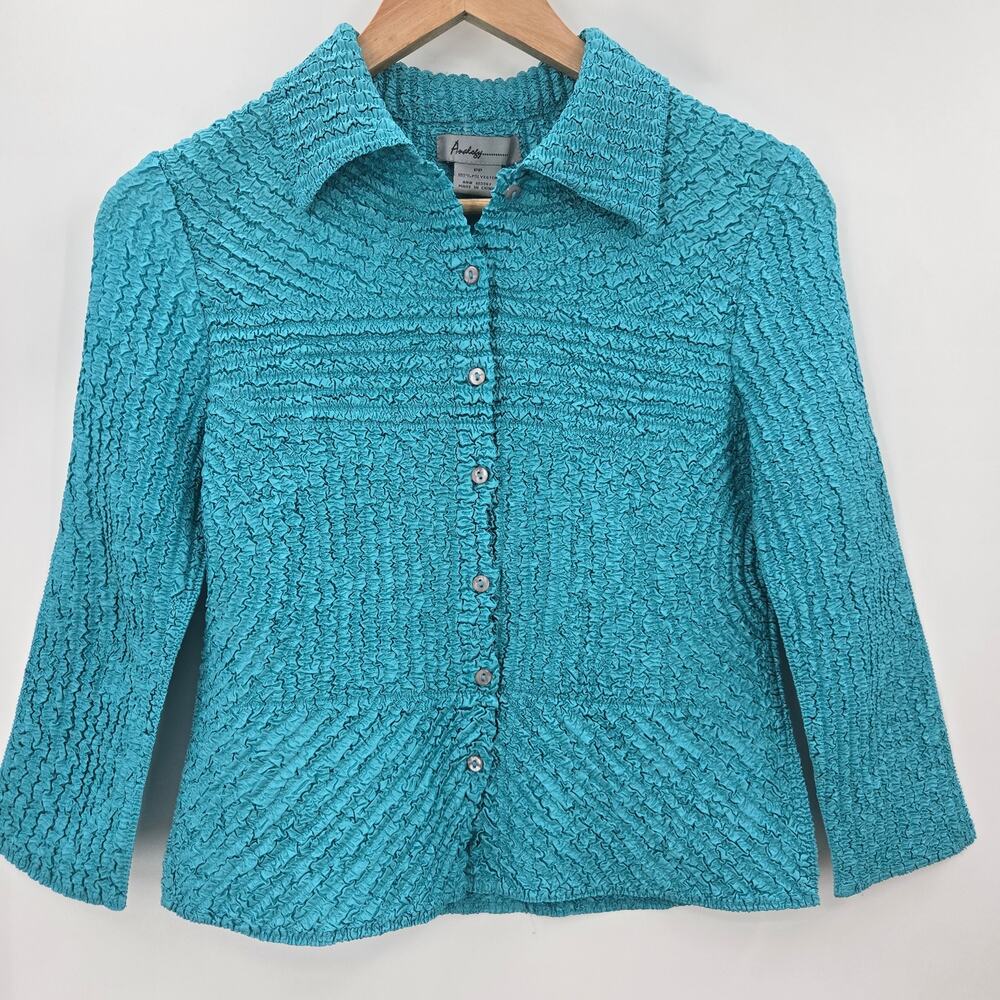 Analogy Women Vtg Y2K Artsy Eclectic Whimsical Crinkle Texture Turquoise Top S